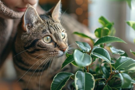 Tabby cat cautiously sniffing a rubber plant, with a concerned cat owner reaching to shoo the cat away
