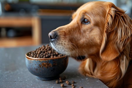 Close-up of a Golden Retriever sniffing at a bowl of black peppercorns on a kitchen counter