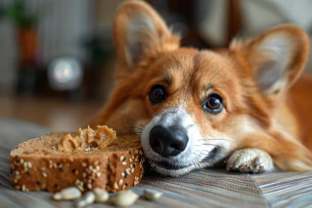 Welsh Corgi sniffing a slice of bread topped with sunflower butter, with sunflower seeds visible in a cozy living room setting