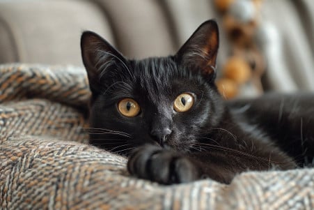 Close-up of a sleek, black cat intently chewing on one of its front paws