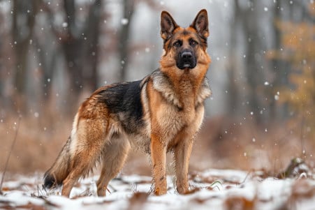 German Shepherd dog with worried expression and low, tucked tail standing in a park setting