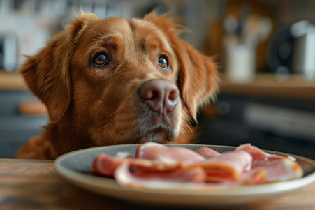 Labrador Retriever looking up at a plate of ham slices on a kitchen counter, with a concerned expression