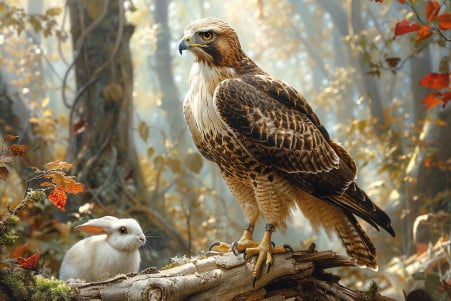 A red-tailed hawk perched on a tree branch, intently watching a white rabbit grazing below in the forest