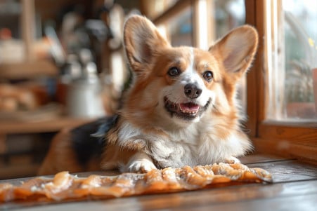 Fluffy tri-color Corgi happily chewing on a long strip of dried fish skin