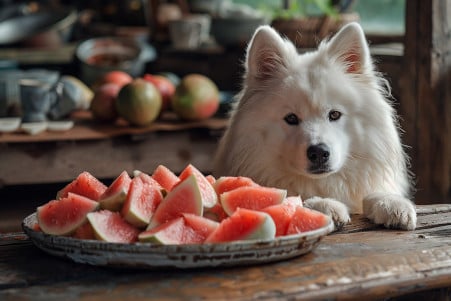 A Samoyed dog sitting patiently next to a plate of sliced guava, eyeing the fruit intently