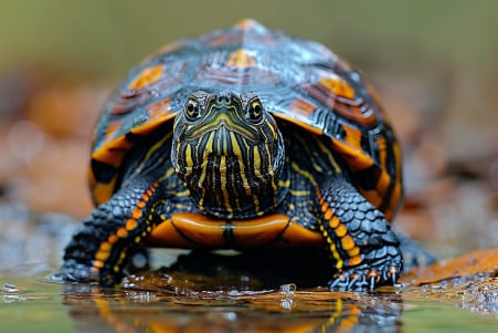 A small box turtle with its head and legs extended, revealing its unprotected body without the shell
