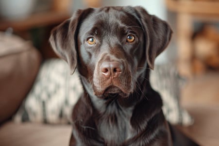 Alert Labrador retriever with a dark chocolate brown coat, looking directly at the camera in a homey living room setting