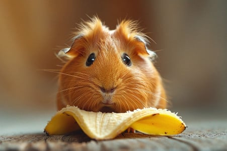 Abyssinian guinea pig with shaggy, rosette-patterned coat examining a banana peel on a wooden table