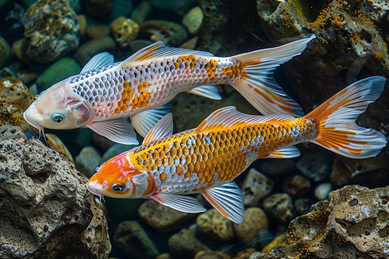 Two koi fish, one with fully intact fins and another with a regenerating fin stub