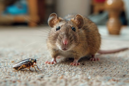A large brown rat cautiously approaching a cockroach on a kitchen floor, with a predatory expression