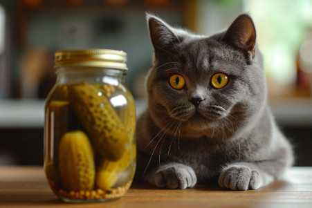 Grey British Shorthair cat cautiously sniffing a pickle beside a jar on a wooden kitchen table
