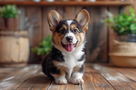 Mischievous Corgi puppy sticking its tongue out in a snake-like motion on a hardwood floor
