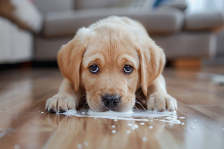 Curious Labrador retriever puppy tilting its head and examining a small puddle of white foam on a clean living room floor