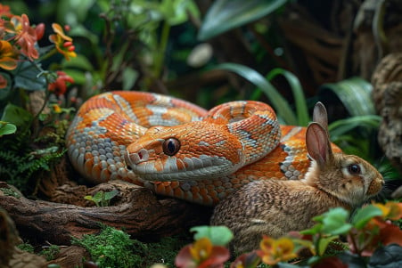 A large corn snake coiled around a rabbit, with its jaws open, in a natural forest setting