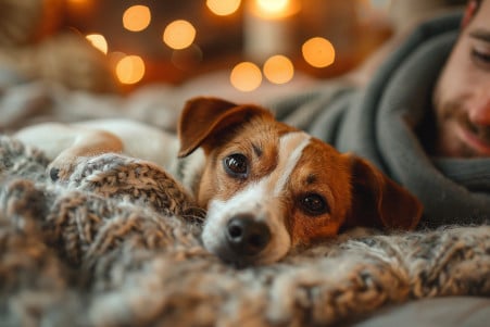 A middle-aged man lying in bed with a happy, energetic Jack Russell Terrier curled up on his chest, both looking content and affectionate
