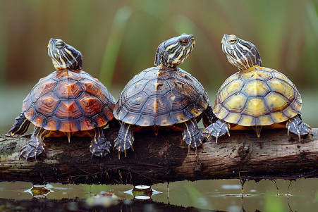 Three turtles with different colored shells resting on a fallen log by a pond