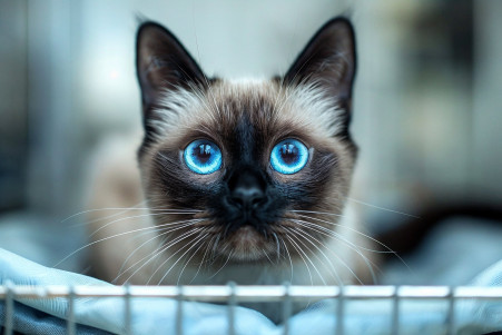 Siamese cat with bright blue eyes and distressed expression in a clinical veterinary setting