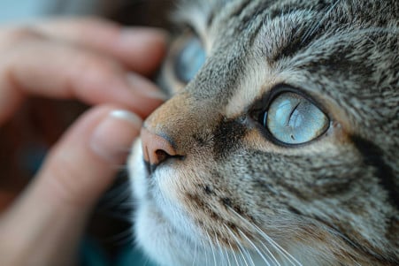 Veterinarian gently examining the eye of a Siberian cat, exposing the third eyelid