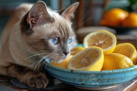 Burmese cat peering intently at a bowl of lemon wedges on a table, with its paw reaching towards but not touching the lemons