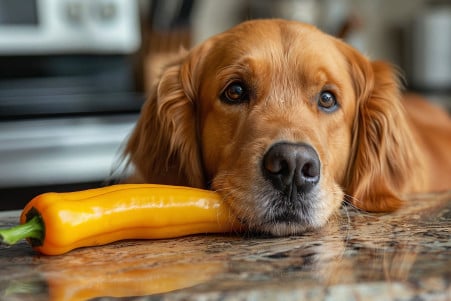 Golden Retriever sniffing a bright yellow banana pepper on a kitchen counter
