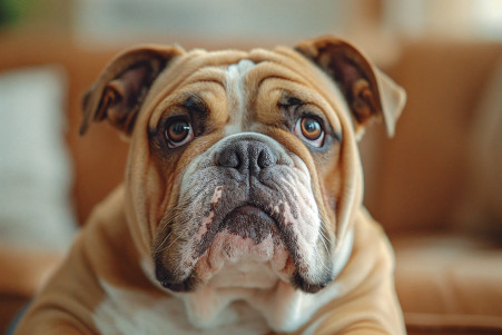 Confused-looking English Bulldog with a wobbly stance and tilted head, appearing disoriented in a living room setting
