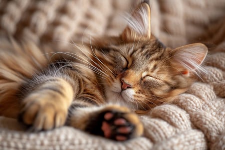 Maine Coon cat sprawled with paw reaching towards the camera, highlighting its distinct toes