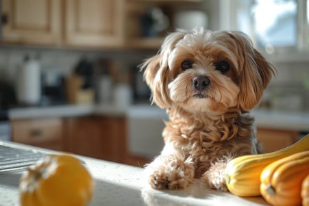 Fluffy brown and white Shih Tzu sitting on a kitchen counter, looking at a yellow squash beside it