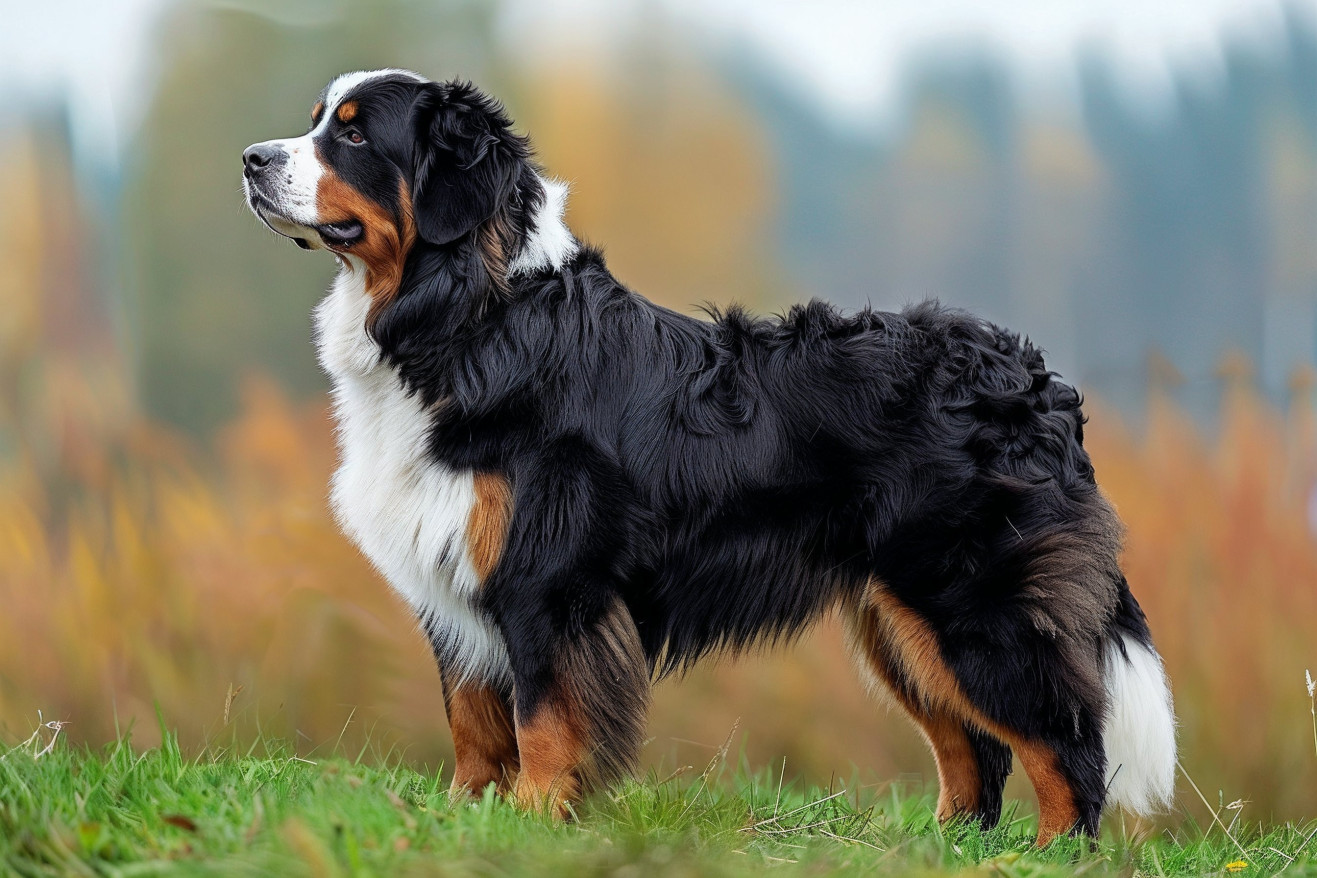 A calm, intelligent Bernese Mountain Dog standing in a field of lush, green grass