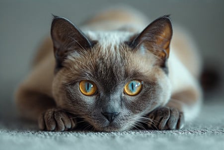 Burmese cat with a short, glossy coat and alert, gold eyes staring intently at the camera with a rigid, defensive posture