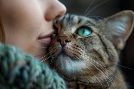 A tabby cat gently nuzzling its owner's cheek, with a blurred background