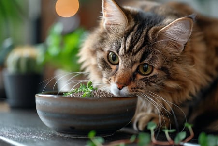 A fluffy Maine Coon cat sniffing and gently touching a bowl of chia seeds on a kitchen counter