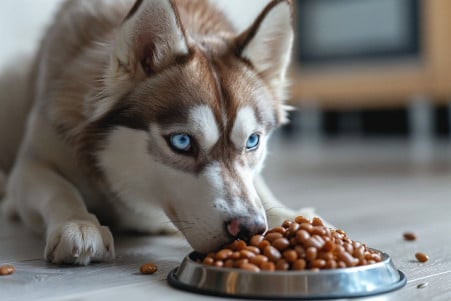Siberian Husky with bright blue eyes sniffing a pile of cooked, mashed kidney beans in a kitchen setting