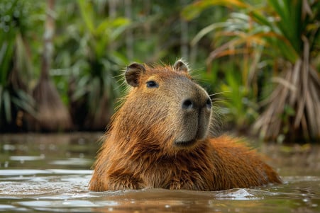 Large, brown capybara casually resting in shallow water surrounded by lush, green riverbank and palm trees