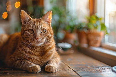 Curious orange tabby cat sitting on a wooden table, gazing intently with an alert, intelligent expression