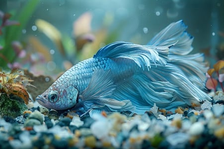 Close-up of a lethargic blue and white betta fish lying on the bottom of a cluttered, dirty aquarium