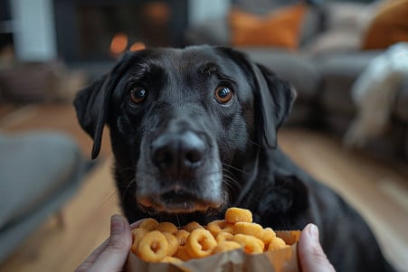 A worried dog owner holding a bag of Funyuns out of reach from a curious Labrador retriever in a home living room setting
