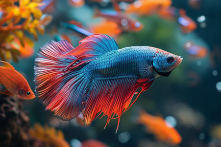 Vibrant blue and red Betta fish swimming with neon tetras and harlequin rasboras in a well-planted aquarium