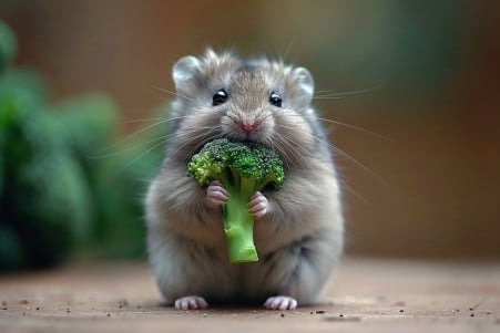 Russian Campbell Dwarf Hamster sitting upright and inspecting a single broccoli stem