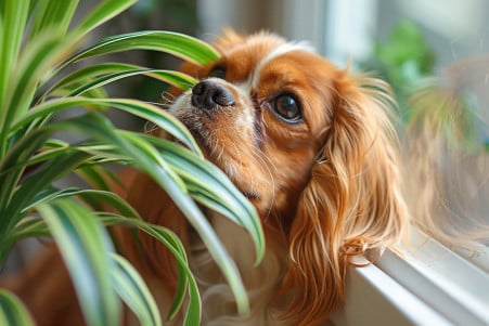 Cavalier King Charles Spaniel sniffing a spider plant on a windowsill