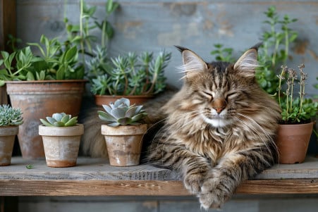 Maine Coon cat lounging on a wooden shelf, uninterested in the potted succulents and herbs around it