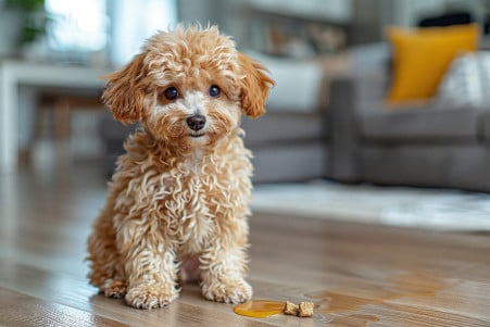 A fluffy poodle sitting next to a discolored spot on a hardwood floor, with partially digested dog food scattered around
