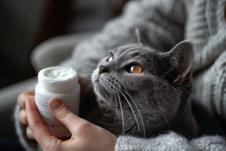 Concerned owner gently applying medicated ointment to the irritated, hairless patch on their cat's neck