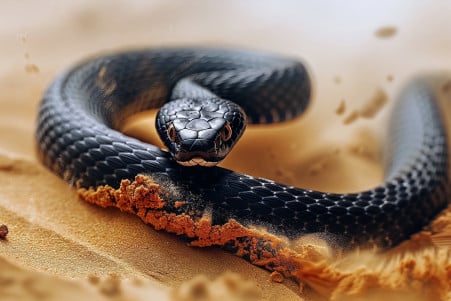 Sleek black mamba snake slithering rapidly across a sandy desert floor