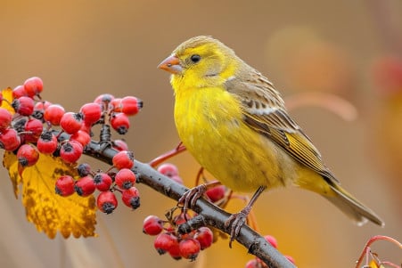 A yellow finch with a small, conical beak perched on a branch, pecking at various seeds and berries
