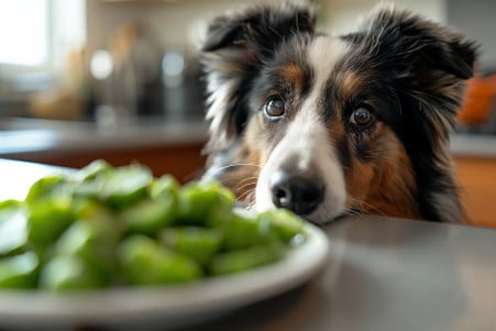Rough Collie sniffing a plate of chopped nopales (prickly pear cactus pads)