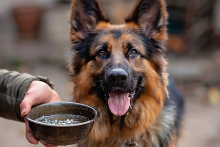 German Shepherd dog with tongue hanging out being offered a bowl of cool water by its owner