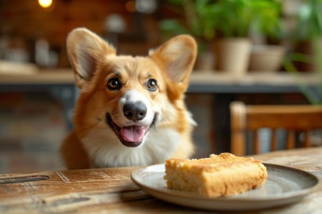 Cheerful Corgi sitting at a dining table looking at a piece of cornbread, with a cozy background