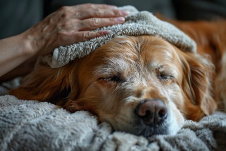 Worried owner gently placing a cool, damp cloth on the forehead of a lethargic Golden Retriever resting on a dog bed