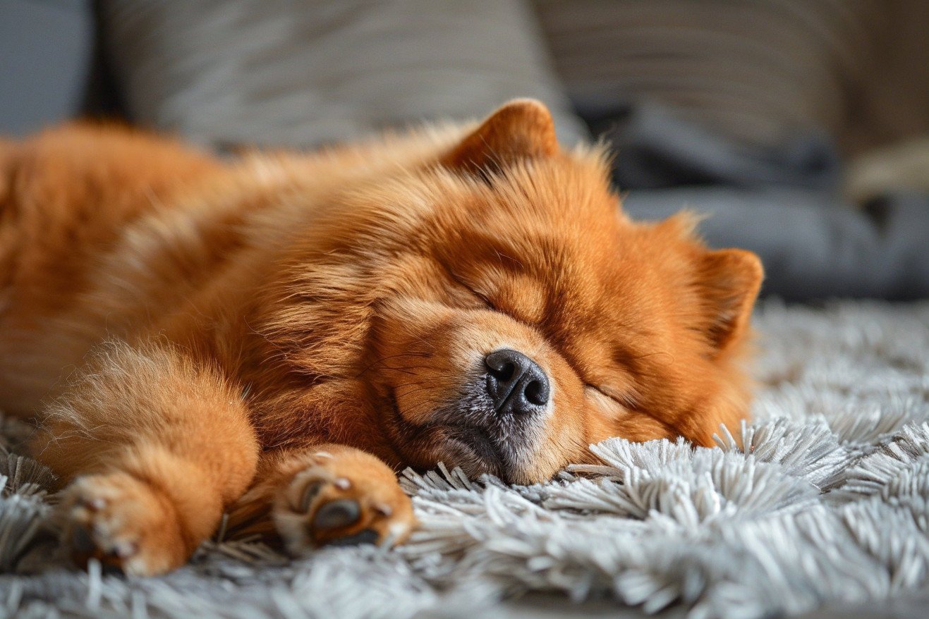 Fluffy Chow Chow dog with a distinctive ruff around its face, curled up sleeping on a plush rug