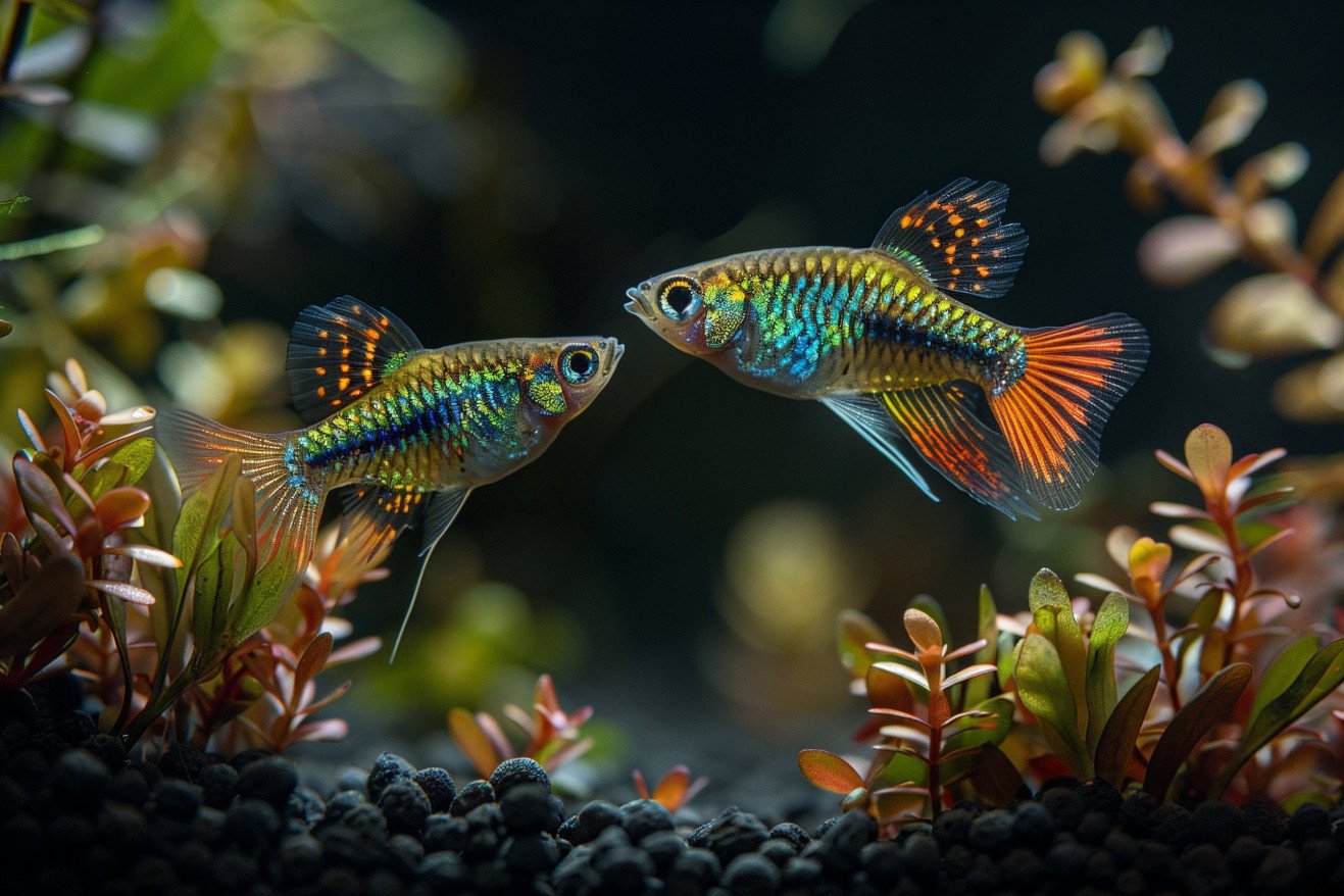 Macro photo of a male guppy with colorful fins displaying its gonopodium to a female guppy in a planted aquarium